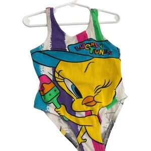 Vintage 1980s Looney Toons Sz 6 Girls One Piece Neon Tweety